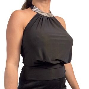 Fashion Magazine Black Halter Neck Rhinestone Embellished Ruched Top M